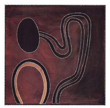 Rover Thomas Joolama, Yari country, 1984, earth pigments and natural binder on plywood, 104 x 105 cm, Ebes Collection

